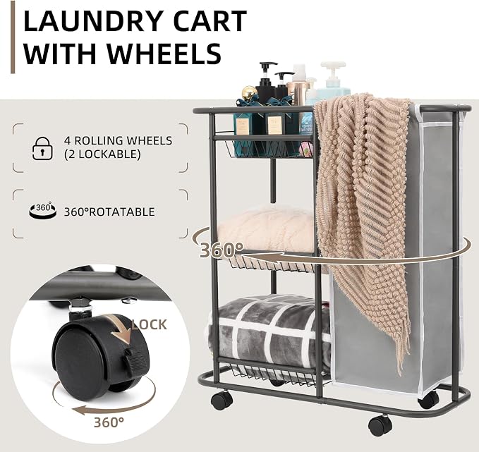 Rolling Laundry Cart with Wheels, 3-Tier Laundry Caddy Between Washer and Dryer - Image 2