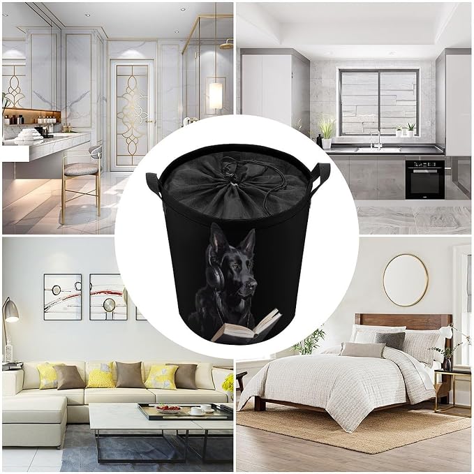 German Shepherd Wearing Headphones Reading Round Laundry Bag Collapsible - Image 5
