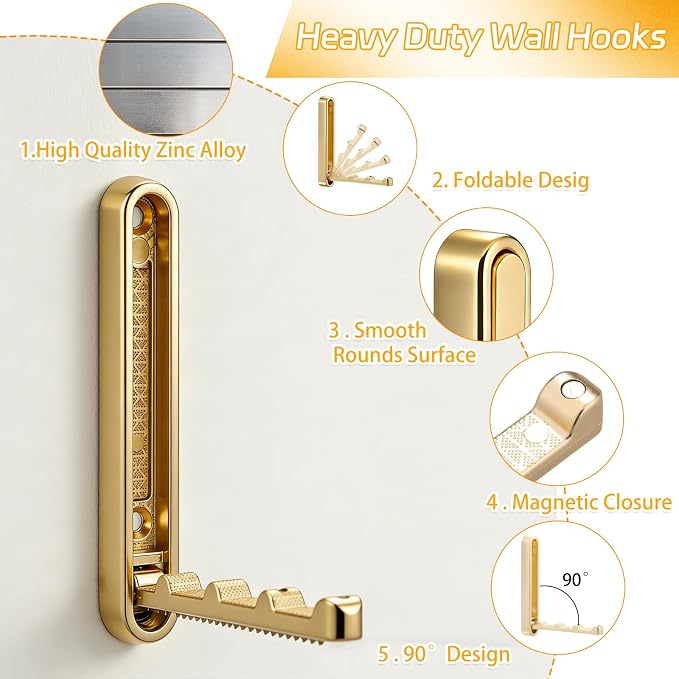 2 Pcs Extended Folding Coat Hooks Wall Mounted, 4.33 in Gold Foldable Wall - Image 4