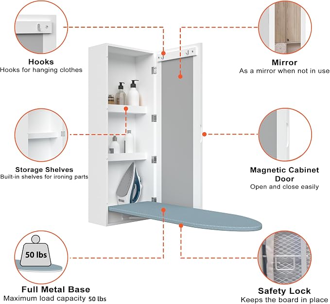 Wall Mounted Ironing Board Cabinet, Built in Foldable Ironing Board Closet - Image 4