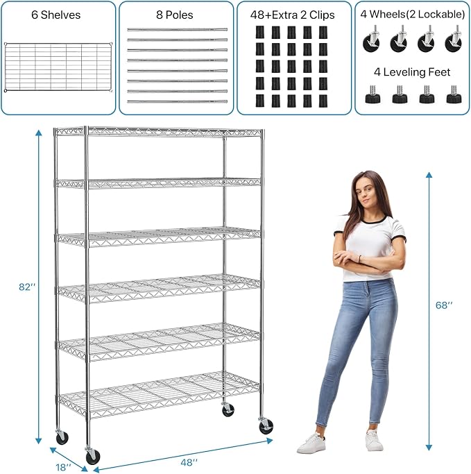 6-Tier Wire Shelving Unit with Wheels, 2100LBS Capacity NSF Certified - Image 4