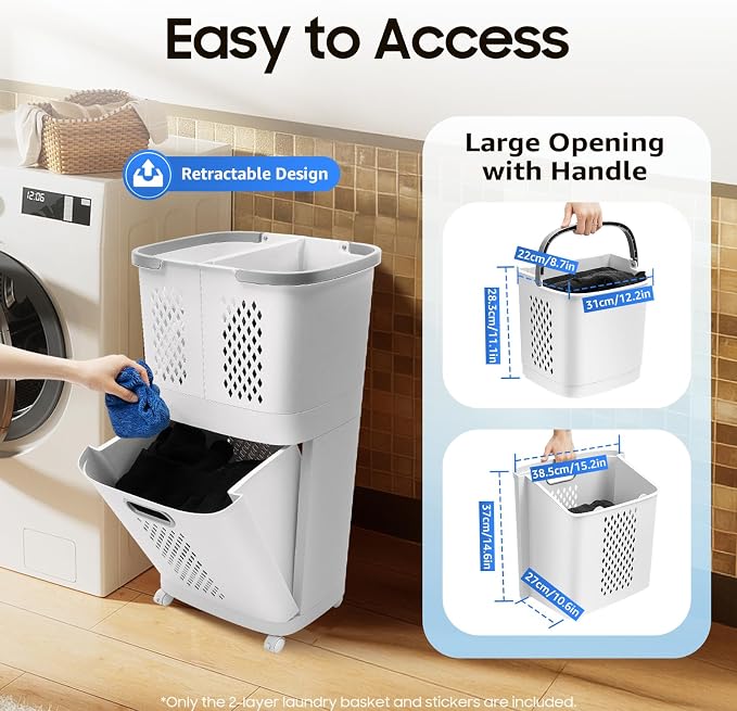 2 Tier Laundry Basket with Wheels & Handle, Stackable & Removable Laundry - Image 5