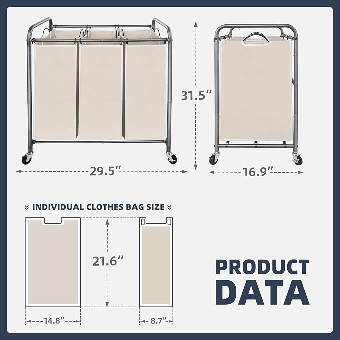 STO STO Laundry Sorter 3 Section, 3 Bag Clothes Hamper, Rolling Laundry Cart - Image 6