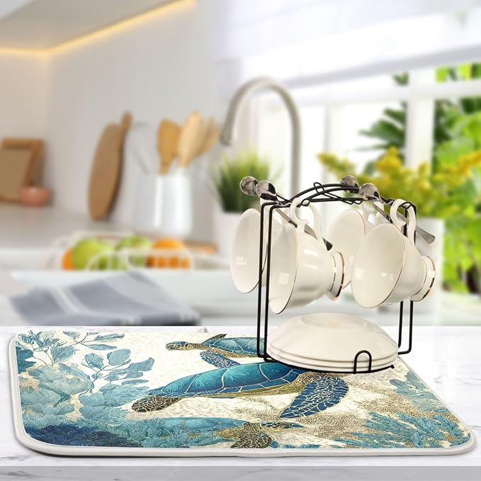 Watercolor Sea Turtle Dish Drying Mat Super Absorbent Drying Mat 16x18 inch - Image 5