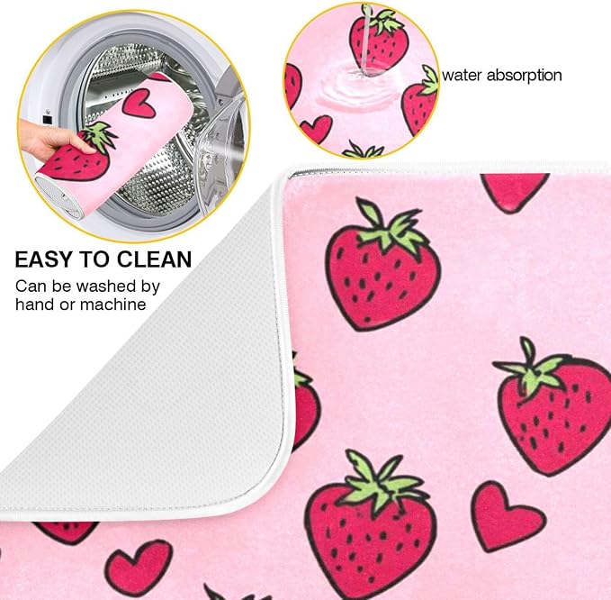 Sweet Cute Strawberry Hearts Floral 16 x 18 Inches Absorbent Dish Drying Mat - Image 2