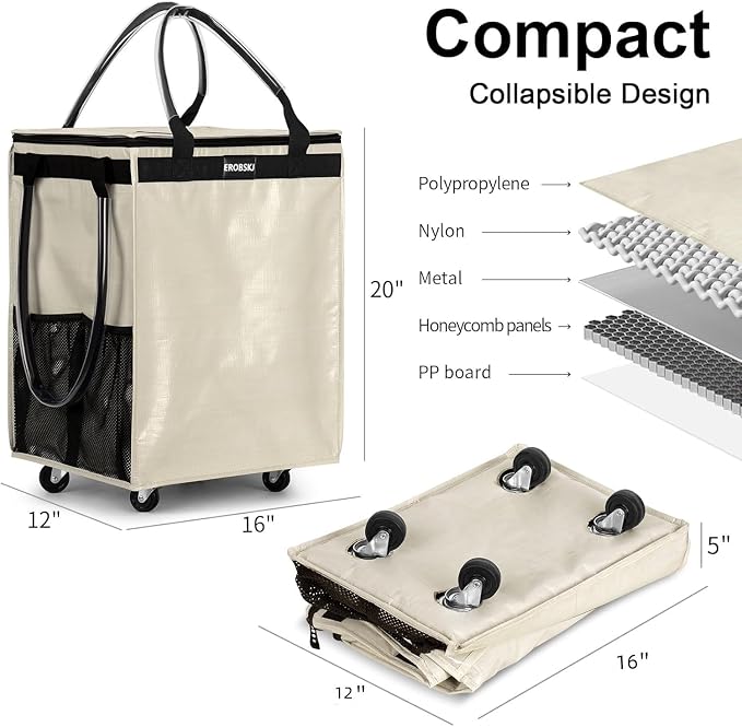 Reusable Grocery Bag on Wheels, Foldable Rolling Tote, Carries Up to 66 lbs - Image 3