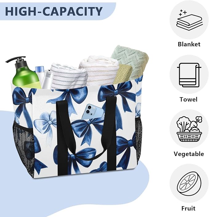 Navy Blue Velvet Bows Reusable Grocery Bags, Polyester Extra Large Foldable - Image 7