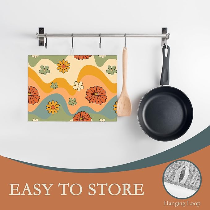 Retro 70s Groovy Waves Dish Drying Rack Mats Decor, Daisy Floral Dish Pad - Image 3