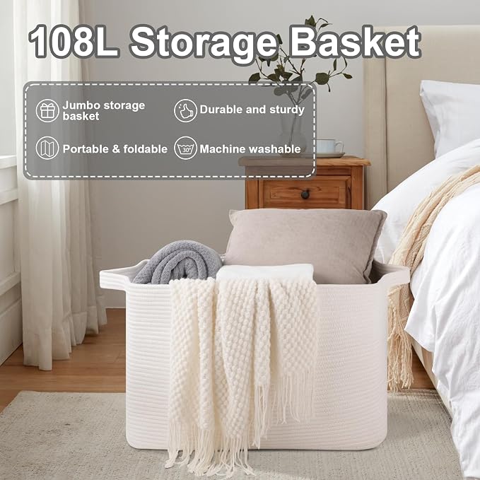 108L Extra Large Blanket Basket, 24.8" x 16.2" x 16.2" Rectangle Woven Storage - Image 6