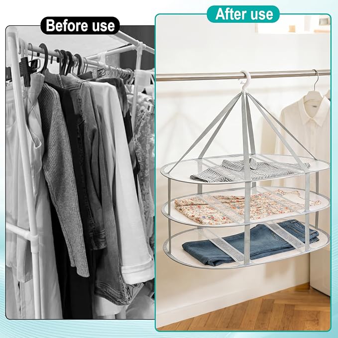 3-Tier Folding Mesh Clothes Drying Rack, Hanging Sweater Dryer - Image 6