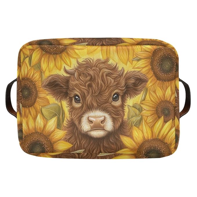 Cow Sunflowers Golden Rectangular Storage Bin Basket - Image 8