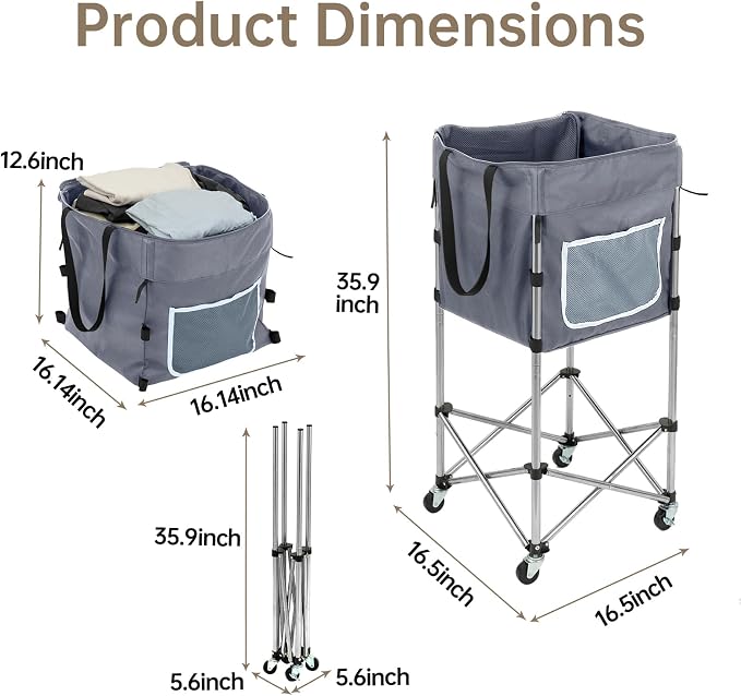 Laundry Cart with Wheels, 35.9"H Stand-Up No-Bend Rolling Laundry Basket - Image 6