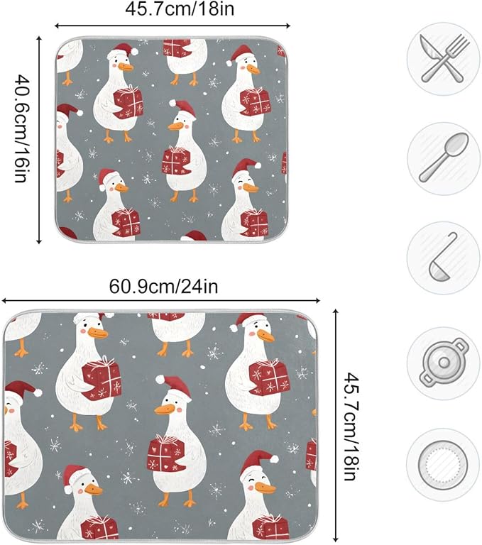 White Geese Wearing Hat Dish Drying Mat Super Absorbent Drying Mat 16x18 inch - Image 3