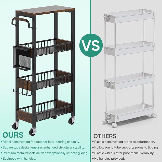 Slim Bathroom Storage Cart, 4 Tier Small Rolling Organizer Cabinet - Image 5
