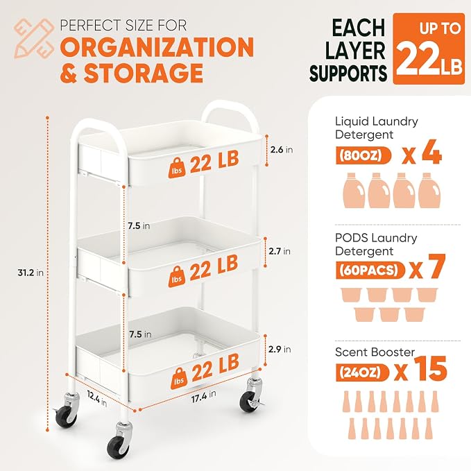 Sekey 3 Tier Metal Rolling Cart, No Screws Assemble Kitchen Cart, Mini Rolling - Image 2