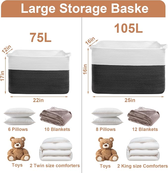 75L Large Blanket Basket, Rectangular Cotton Rope Basket, Laundry Hamper - Image 2