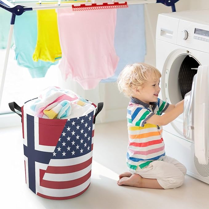 U.S. Norway Flag Round Laundry Bag Collapsible Storage Hamper Basket - Image 7