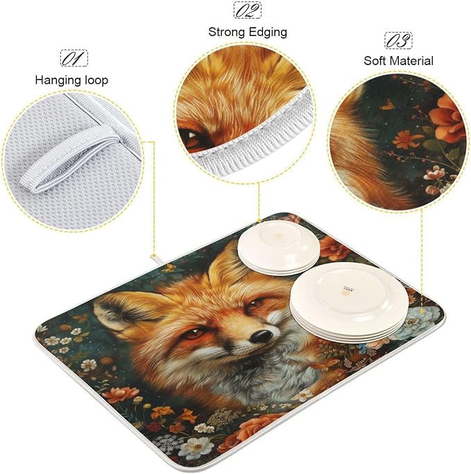 Beautiful Red Fox Flowers Retro Absorbent Dish Drying Mat Microfiber Kitchen - Image 3