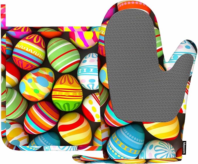 Mxocom Easter Eggs Heat-Resistant Oven Mitts and Pot Holder Painted Egg Stripes by Mxocom