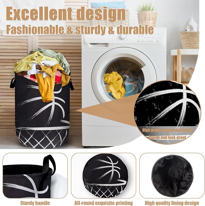 Black Basketball Laundry Basket, Foldable Sport Ball Theme Laundry Hamper Tote - Image 4