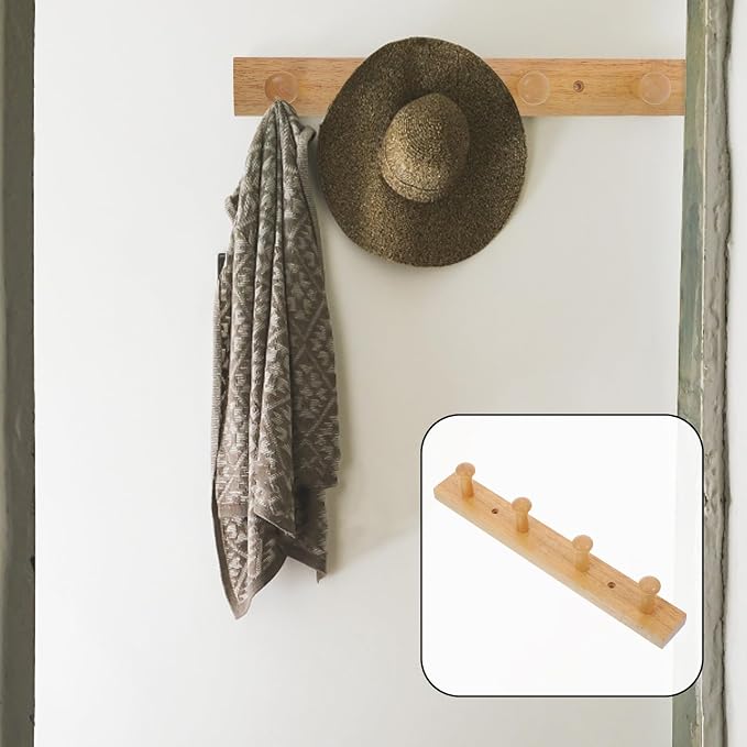 BESPORTBLE Wall Mounted Coat Hat Hanging Hook Rack, Rubberwood Solid Wood 4-bar - Image 5