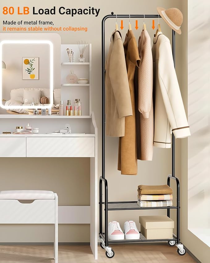 AOODA Small Clothes Rack with Shelves, Metal Sturdy Rolling Clothing Racks - Image 4