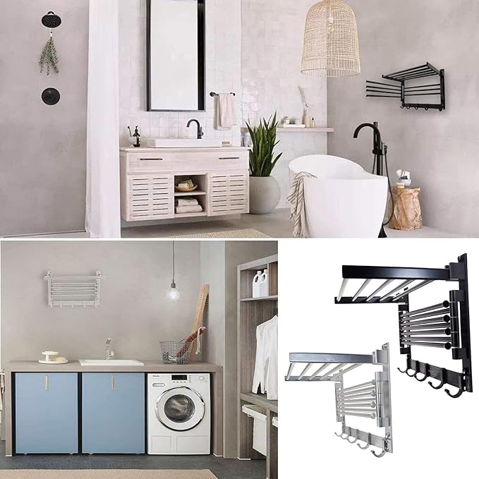 Wall Mounted Laundry Rack with Swivel Arms Hooks and Space Aluminum Design - Image 2