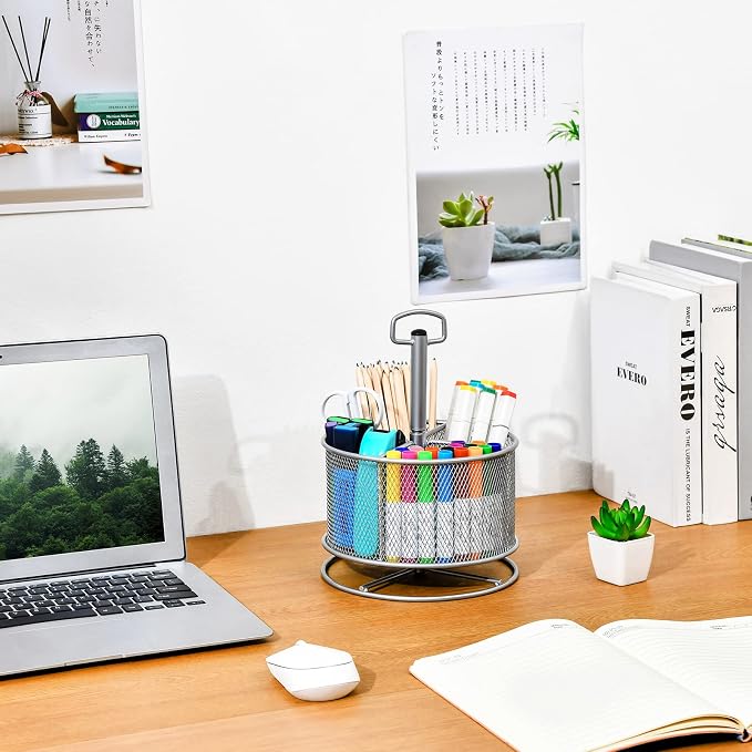 Marbrasse Mesh Desk Organizer, 360-Degree Rotating Multi-Functional Pen Holder - Image 2