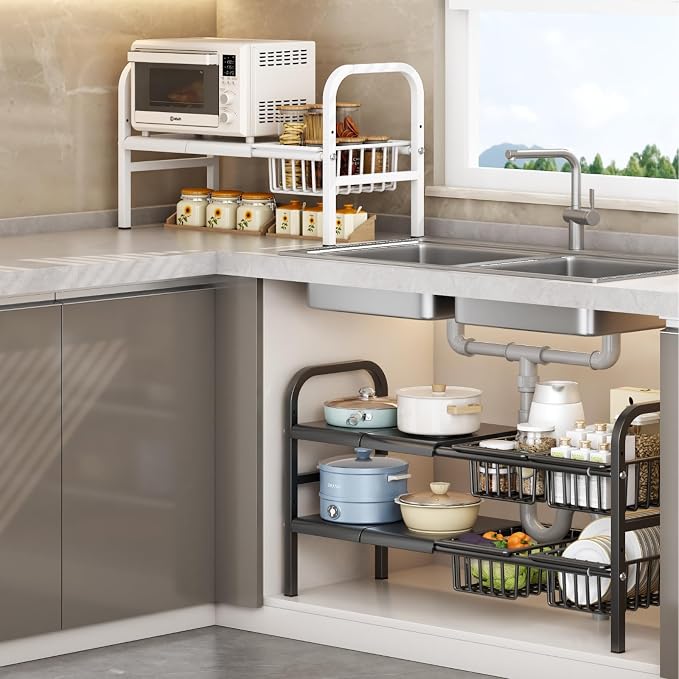 Under Sink Organizer，2 Tier Expandable Heavy Duty Metal Shelf，with 5 Removable - Image 3