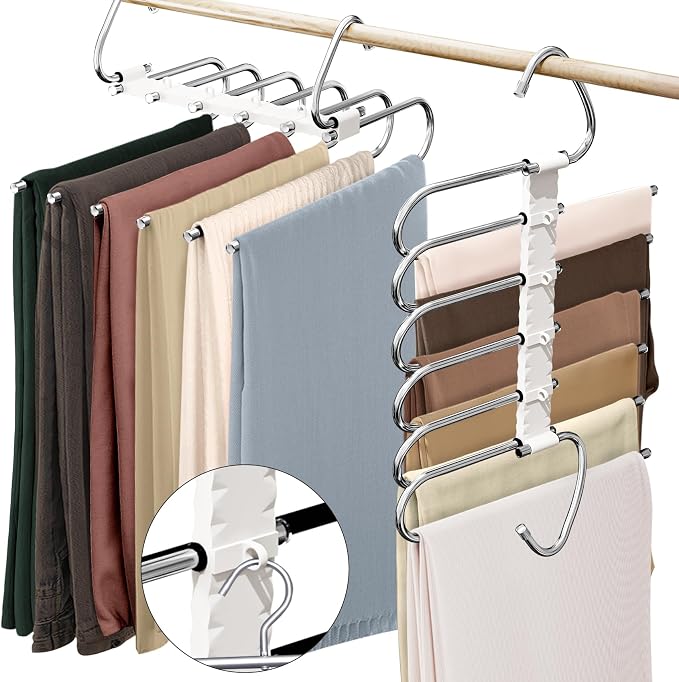 Upgrade 6 Layers Pants Hangers Space Saving, 2 Pack Non Slip Stainless Steel by Besslly