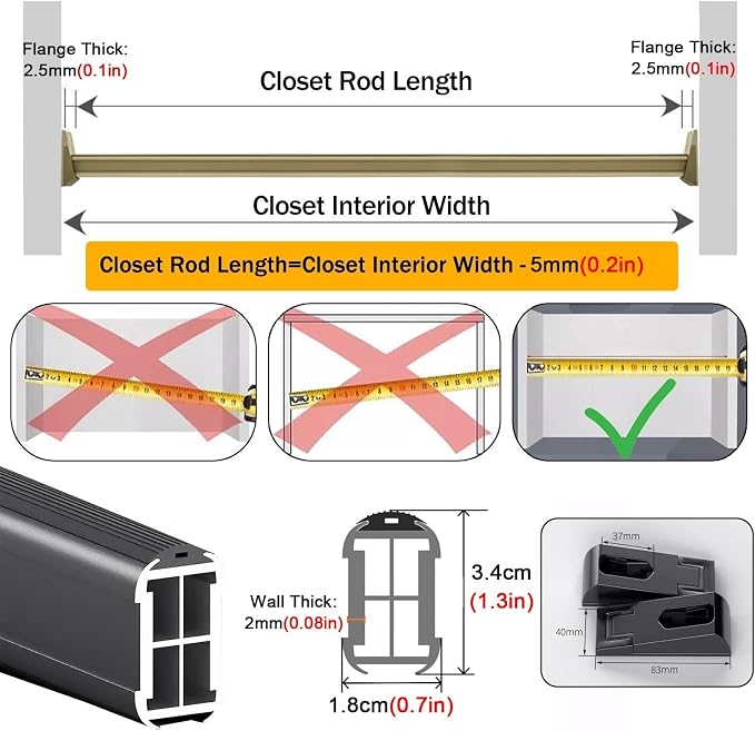 Clothes Rail for Wall, Metal Closet Bar for Hanging Clothes, Thick Garment Pole - Image 2