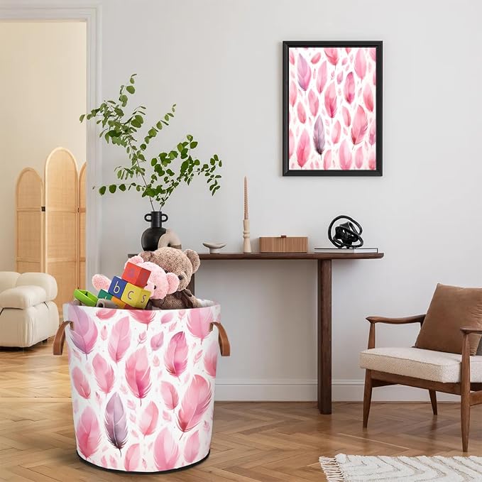 Pink Feather Laundry Basket Waterproof Collapsible Hamper - Image 7