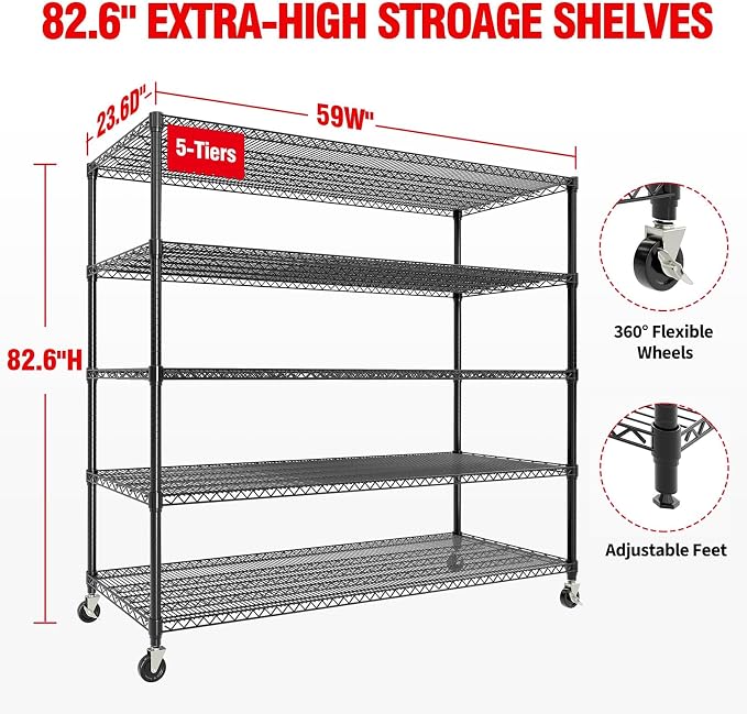 5-Tier Heavy Duty Metal Shelving Unit, Adjustable Height & Feet, Sturdy - Image 2