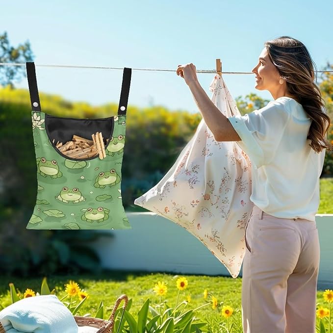 Cute Frog Clothespin Bag with Hanging Hook Reusable Laundry Canvas Clothes Pin - Image 2