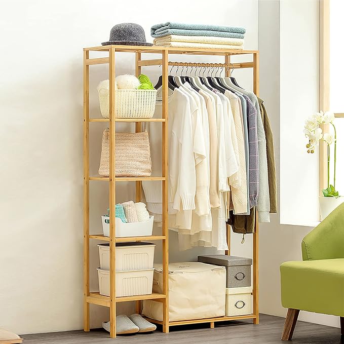Bamboo Clothing Rack with 6 Tier Storage Shelf Multifunctional Garment - Image 2