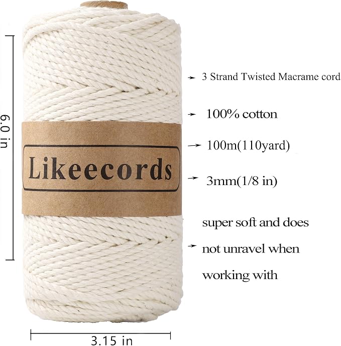 Cotton Macrame Cord, 3mm x 100m, 3 Strand Twisted, Macrame Rope & String - Image 2