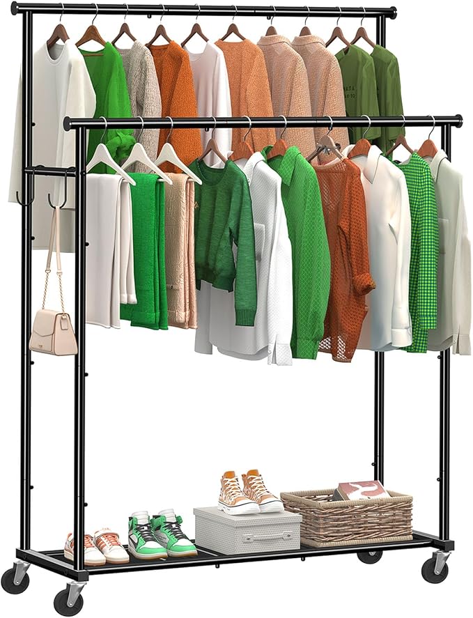 Double Rods Clothes Rack with Wheels Load 400 LBS, 45 Inch Rolling Clothing Rack by Ekisemio