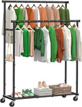 Double Rods Clothes Rack with Wheels Load 400 LBS, 45 Inch Rolling Clothing Rack by Ekisemio