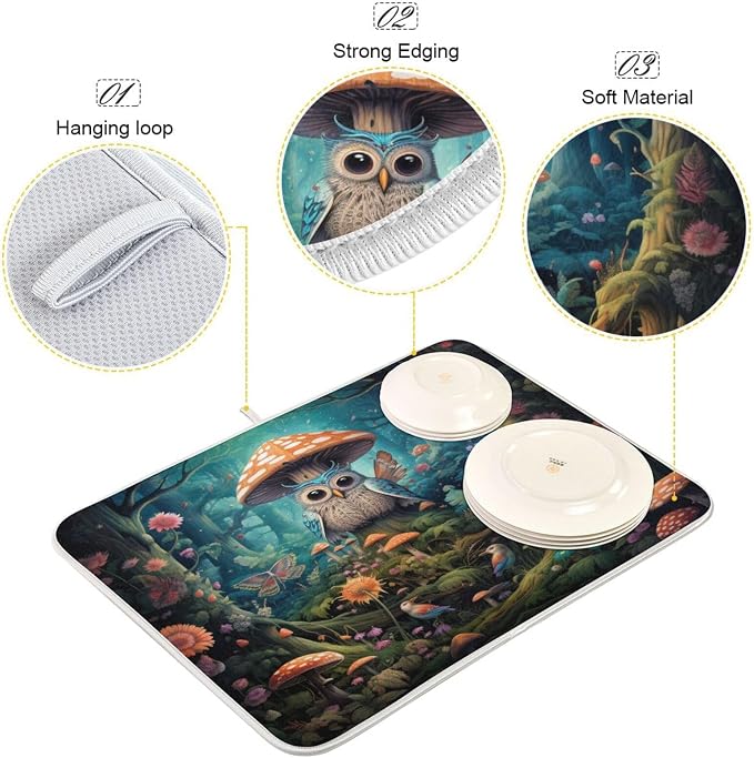 Beautiful Fairy Forest Owl Mushroom Flowers Butterfly Microfiber Dish Drying - Image 3