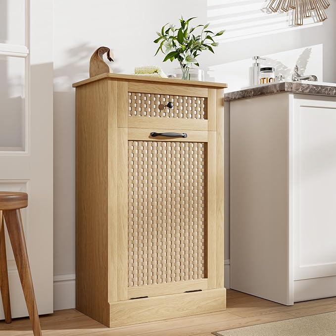 Tilt Out Laundry Hamper Cabinet, Rattan-Style Laundry Room Organization - Image 9