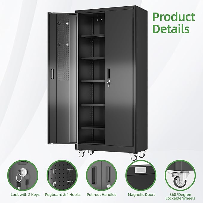 Garage Storage Cabinet with Wheels and Pegboard, Assembly Required - Image 4