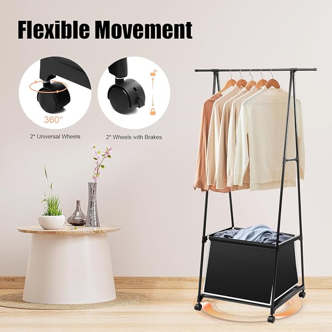 Laundry Cart with Clothes Rack Laundry Basket with Hanging Rack Clothing Rack - Image 3