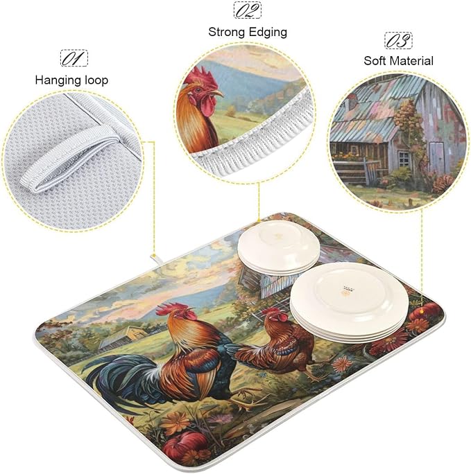 Beautiful Rural Farm Rooster Cocks Painting Absorbent Dish Drying Mat - Image 3