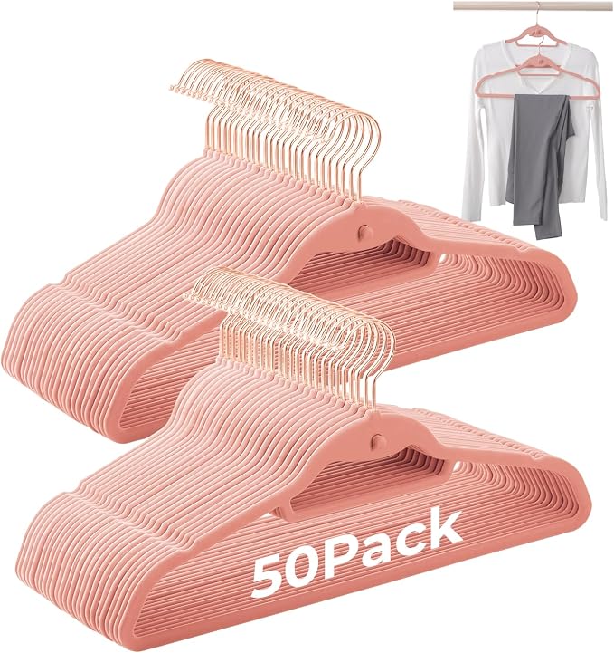 Pink Velvet Hangers 50 Pack, Felt Covered Non Slip Fabric by Limogoo