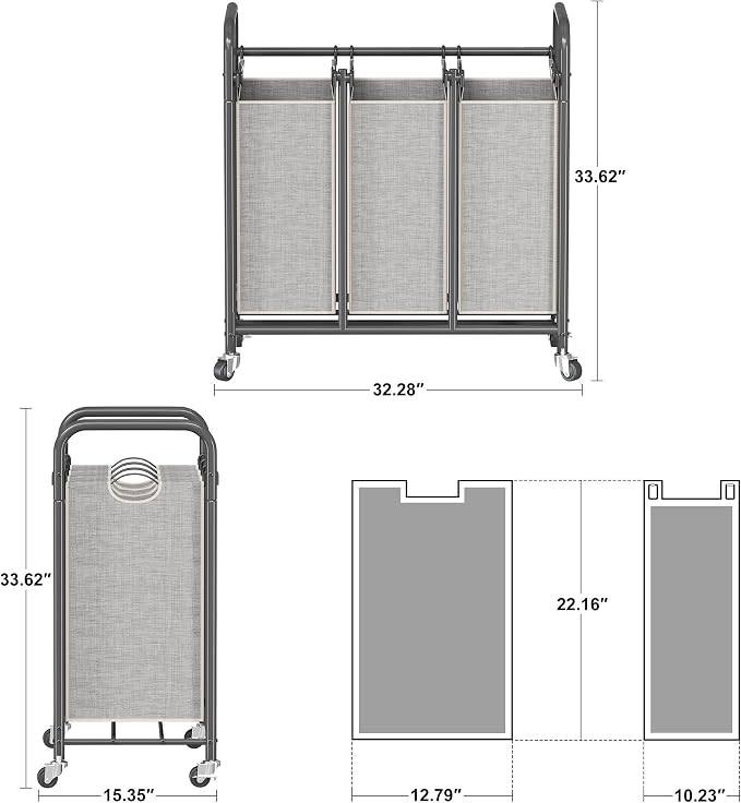 HOMEIJU 3-Bag Laundry Sorter, Laundry Hamper Cart - Image 3