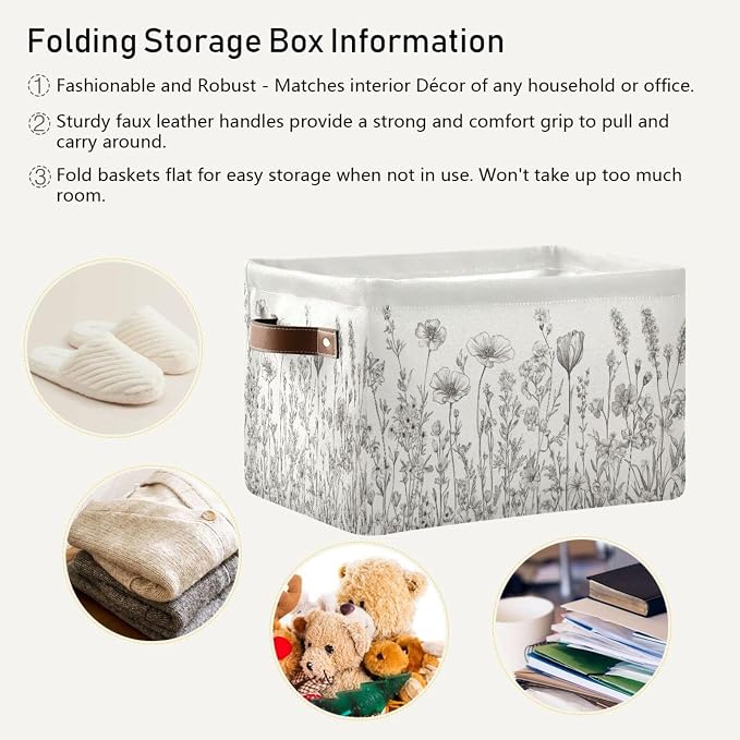 Floral Flower White Rectangular Storage Bin Basket - Image 5