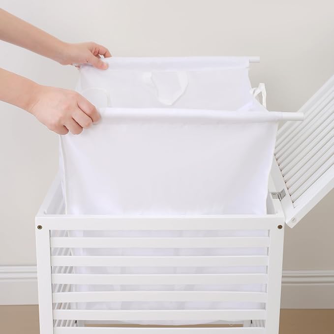 Double Laundry Hamper with Lid, 120L Bamboo Basket with Removable Liner Bag - Image 5