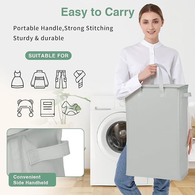 Slim Laundry Basket with Lid and Handles, Foldable Laundry Basket - Image 4