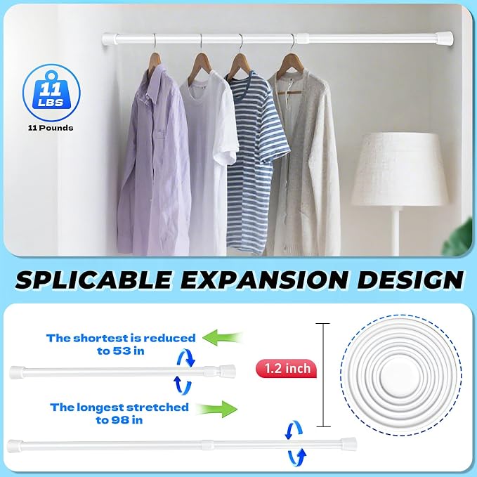 2 Pack 53"-98" No Splicing Shower Curtain Tension Rods, Spring Telescopic Rod - Image 2