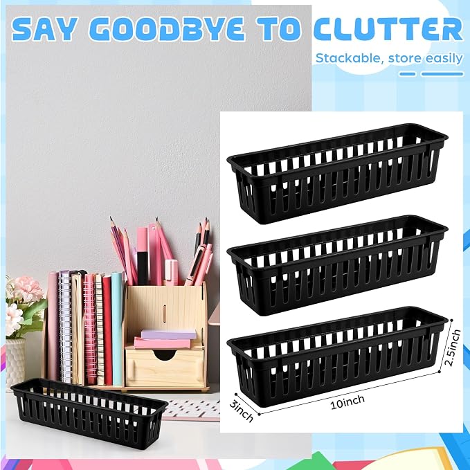 12 Pcs Black Slim Plastic Storage Baskets Tray 10 x 3 x 2.5 Inch Compact - Image 2